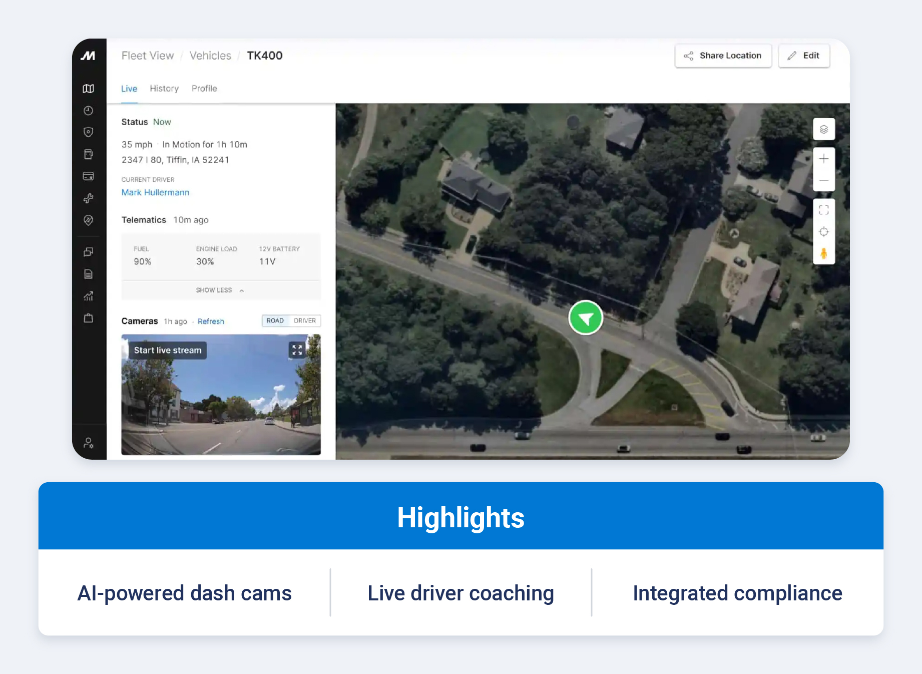 Motive fleet management dashboard with callouts for AI dash cams, live driver coaching, and integrated compliance tracking for safer fleet operations. 
